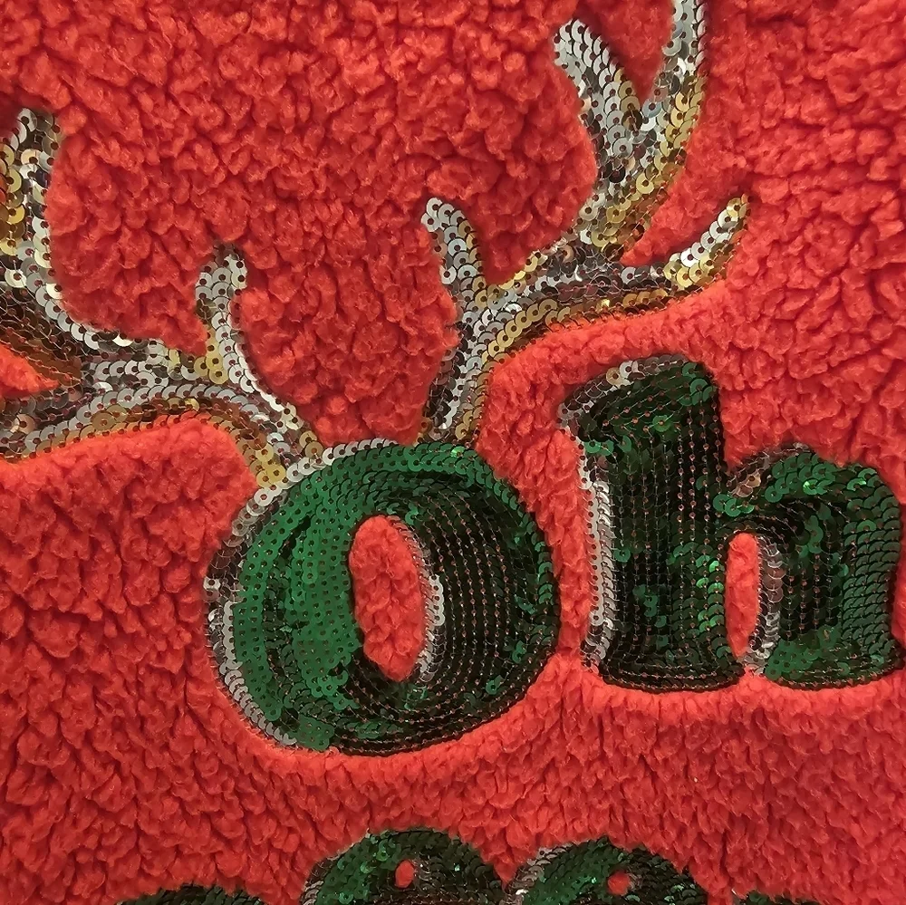 Joyland Women’s Small Red Sherpa Pullover “Oh Deer” Christmas Sweater Sequin Hol